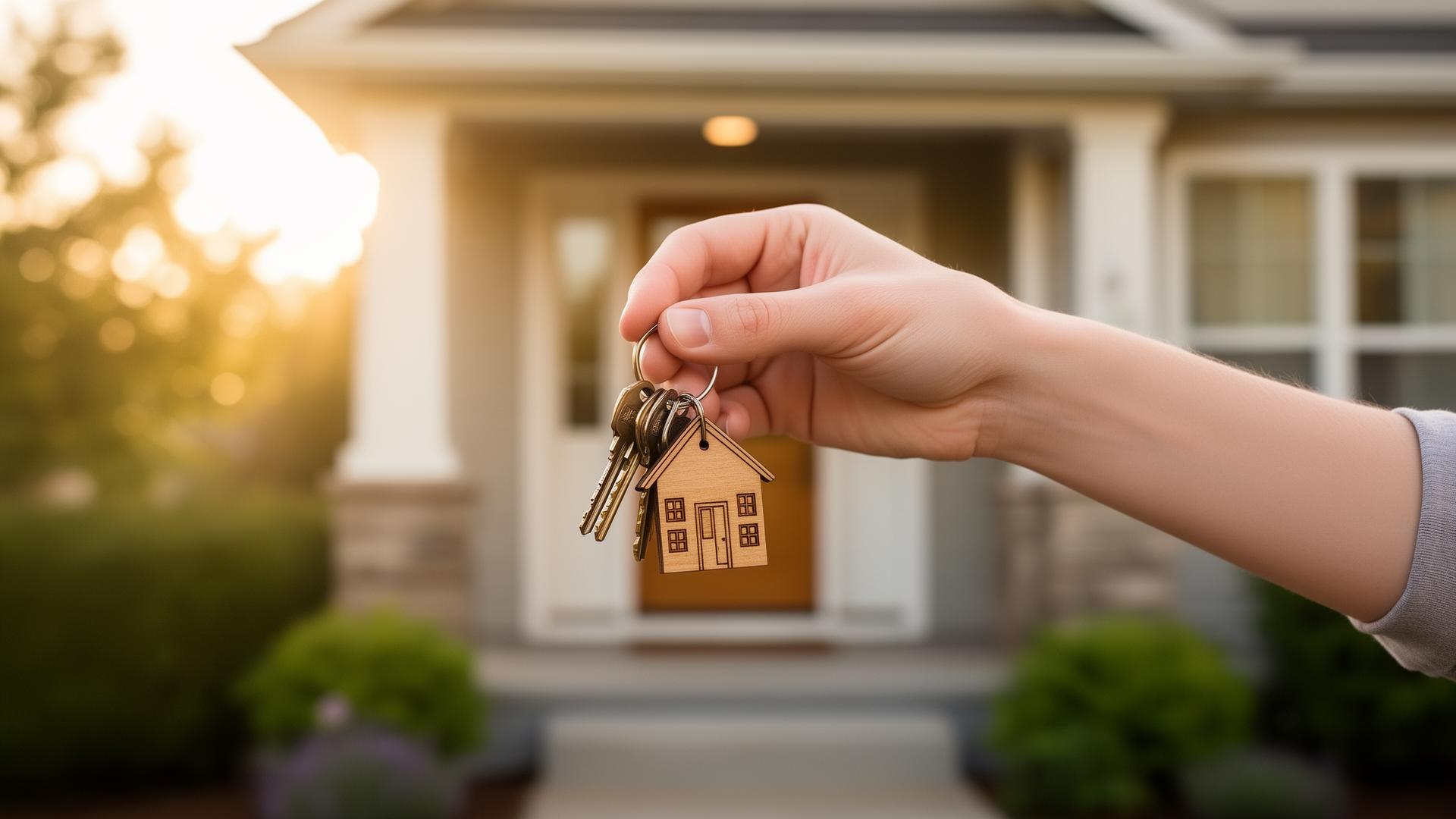 Hand holding keys with a house-shaped keychain in front of a first home