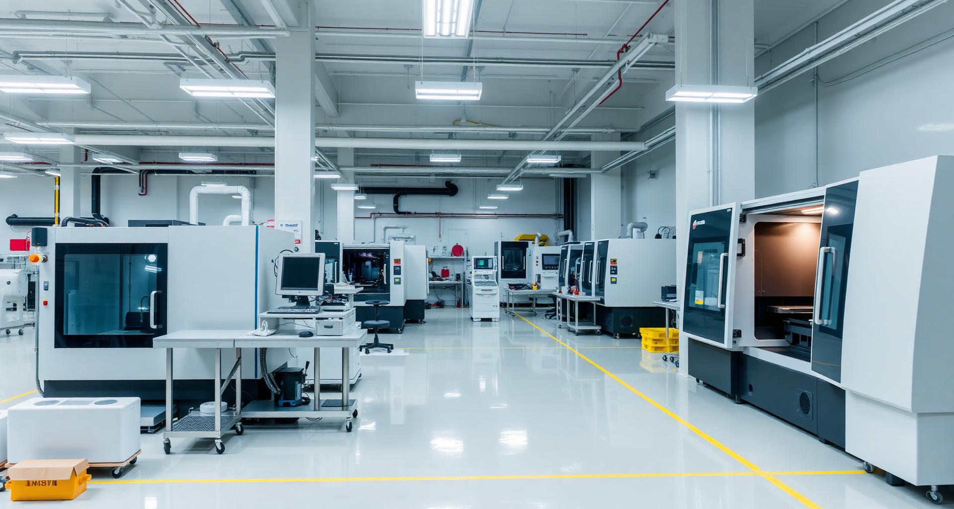 Clean fabrication shop floor with CNC machines
